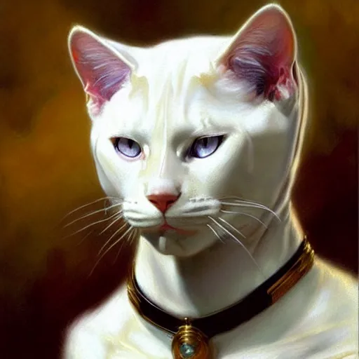 Prompt: a portrait of a manly humanoid anthromorphic furry white cat feline, blue eyes, star trek the next generation. highly detailed painting by gaston bussiere, craig mullins, j. c. leyendecker, furry