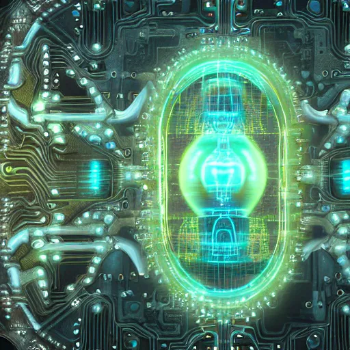 Prompt: bioluminescent ancient cybernetic quantum computer, sharp focus, hyper detailed masterpiece