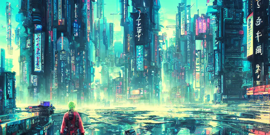 Prompt: beautiful japanese cyberpunk futuristic landscape painting, 3 d hyperrealistic render, cmyk, by tuomas korpi, dan mumford, trending on artstation