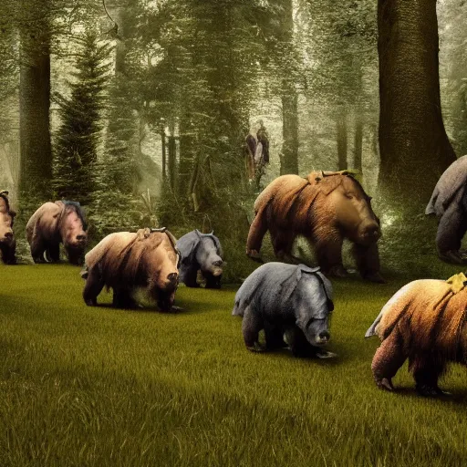 Image similar to an line of armored bears facing a line of cyber-bulls, magical forest, fantasy, Ireland, England, king Arthur, Lord of the rings, cinematic, realistic style, beautiful, majestic, dramatic lighting, early morning, dawn CGsociety, realistic, hyper maximalist, golden ratio, octane render, rule of thirds, wide shot , 8k resolution, epic volumetric light, cinematography, concept art, Artstation trending, environments, fantasy