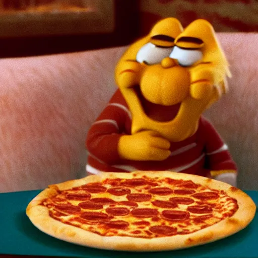 Image similar to film still of garfield eating pizza movie 4 k, pixar style