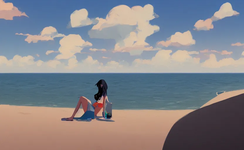 Prompt: a day at the beach by Atey Ghailan