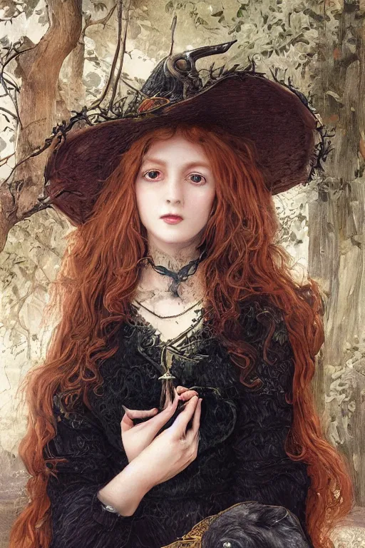 Image similar to An extremely beautiful pre-raphaelite portrait of a cute witch and her cat, surreal, ultradetailed, intricate, elegant, detailed, digital painting, artstation, concept art, smooth, sharp focus, illustration, regal, award winning picture, extremely detailed masterpiece, sense of awe, featured on artstation, Artgerm, effervescent punk kawaii-noir pastel bubbles, winning award piece, ethereal rainbows, Aetherpunk, Exquisite details