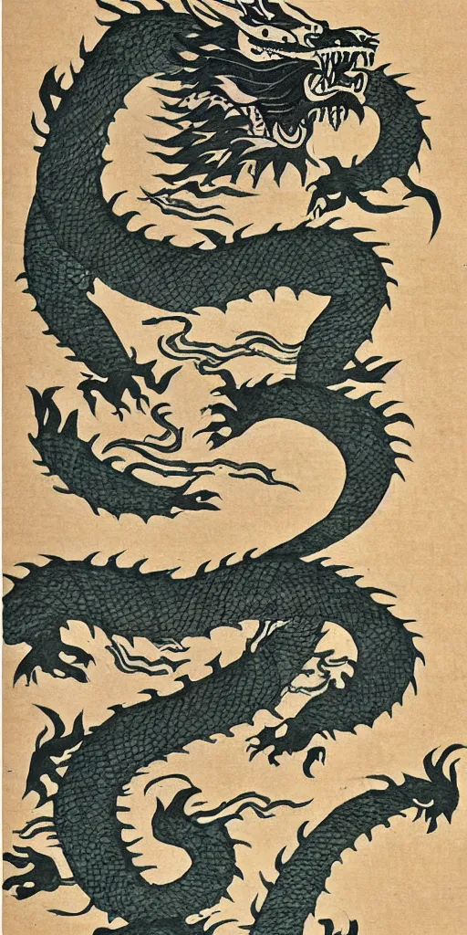 Image similar to japanese woodblock style paper scroll of a tiger transforming into a dragon