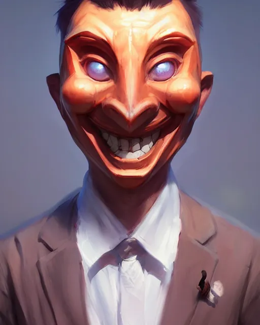 Prompt: character concept art of the happy mask salesman | | cute - fine - face, pretty face, realistic shaded perfect face, fine details by stanley artgerm lau, wlop, rossdraws, james jean, andrei riabovitchev, marc simonetti, and sakimichan, tranding on artstation