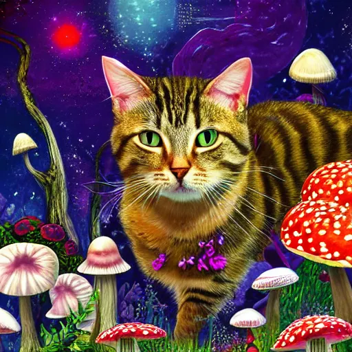 Prompt: tabby cat in an alien planet full of mushrooms and flowers, fantasy, vivid colors