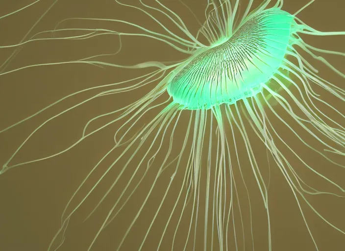 Image similar to a colossal translucent jelly fish with bioluminescent stripes, 4 k post - processing highly detailed, 3 d render, modern photography