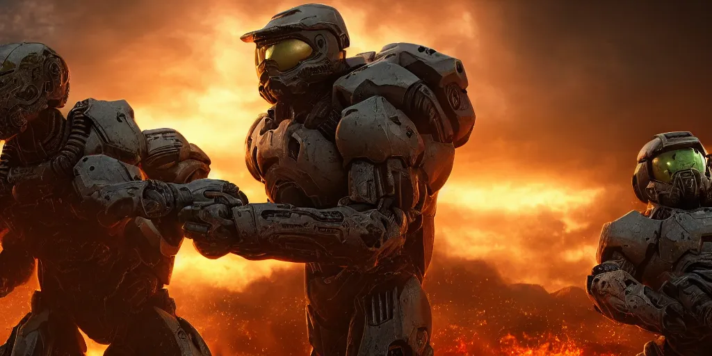 Prompt: Doom Guy and Master Chief in Las Vegas, realistic 4k octane beautifully detailed render, 4k post-processing, highly detailed, intricate complexity, epic composition, magical atmosphere, cinematic lighting, masterpiece, ultra hd