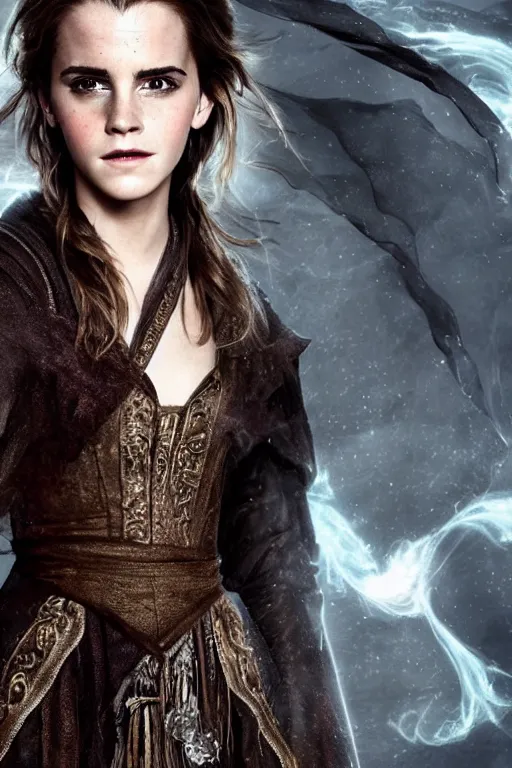 Image similar to beautiful portrait of emma watson as a fantasy dungeons and dragons sorceress wearing arcane magical robes