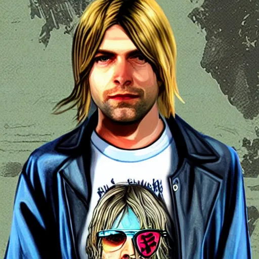 Prompt: Kurt Cobain as a gta5 character, video game art, cover art, grand theft auto