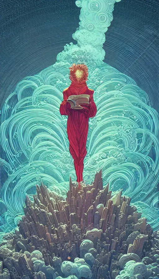 Image similar to The oracle of bibliophiles on cosmic cloudscape, italian futurism, Dan Mumford, da vinci, Victo Ngai, Kilian Eng, Josan Gonzalez