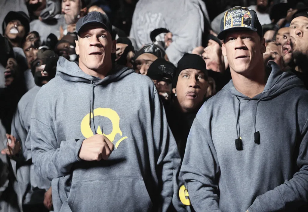 Image similar to john cena in a hoodie during a rap battle held in a warehouse. Rap battle from the movie 8 mile.