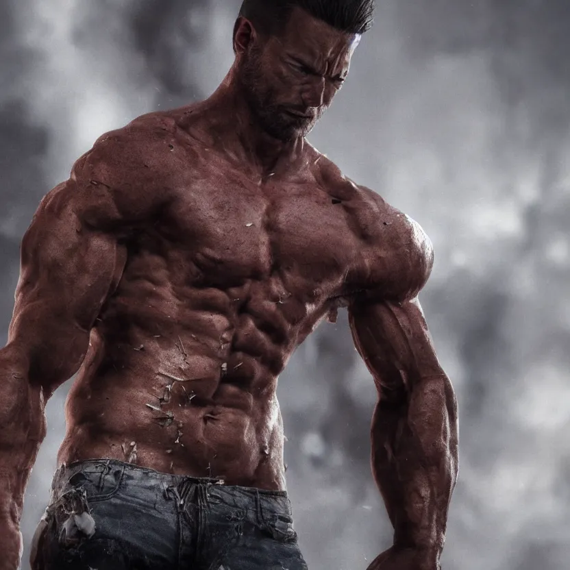 Image similar to a muscular man wearing torn clothes, looking to the right, profile picture, hyperrealistic, concept art, octane render, unreal engine 5, trending on artstation, high quality, highly detailed, 8 k, dramatic lighting, cinematic, high coherence, anatomically correct, five fingers, digital art, seductive