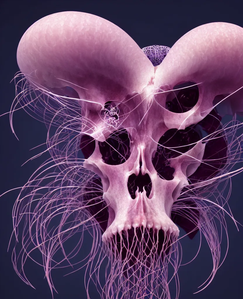 Image similar to goddess close-up portrait goat skull. jellyfish phoenix head, nautilus, orchid, skull, betta fish, bioluminiscent creatures, intricate artwork by Tooth Wu and wlop and beeple. octane render, trending on artstation, greg rutkowski very coherent symmetrical artwork. cinematic, hyper realism, high detail, octane render, 8k