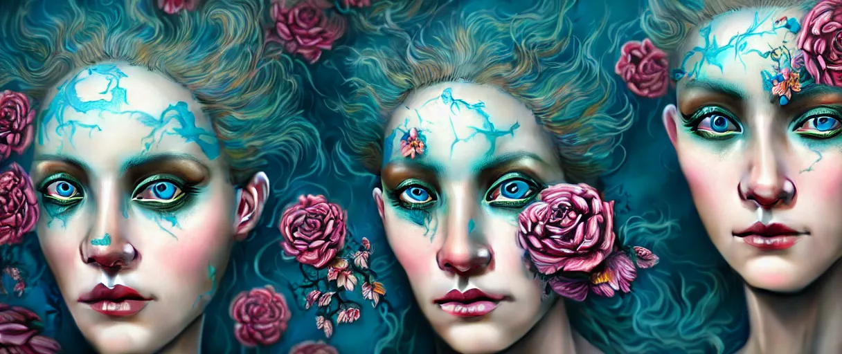 Prompt: hyperrealistic hyper detailed neo-surreal close-up side portrait of gorgeous woman covered in rococo flower tattoos matte painting concept art hannah yata very dramatic dark teal lighting low angle hd 8k sharp 35mm shallow depth of field