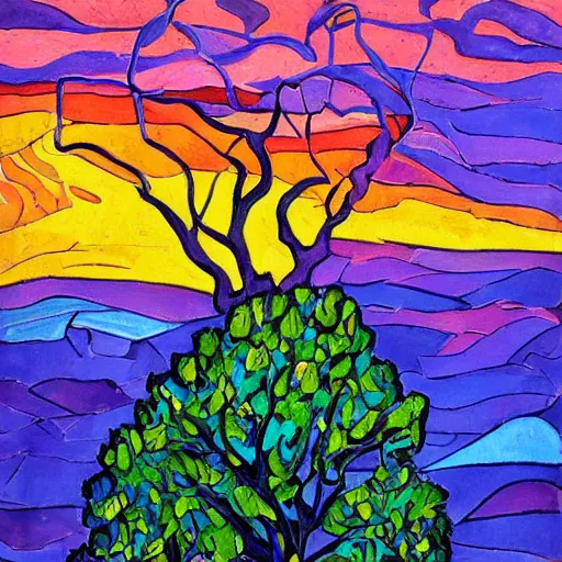 Image similar to a painting of a tree in the sunset, a gouache by Erin Hanson, deviantart, neo-fauvism, fauvism, impressionism, vivid colors