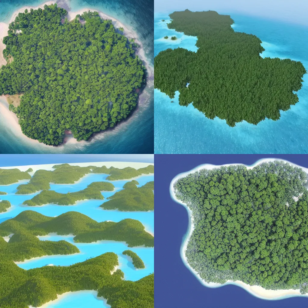 Prompt: photograph of several forested islands surrounded by ocean. Realistic.