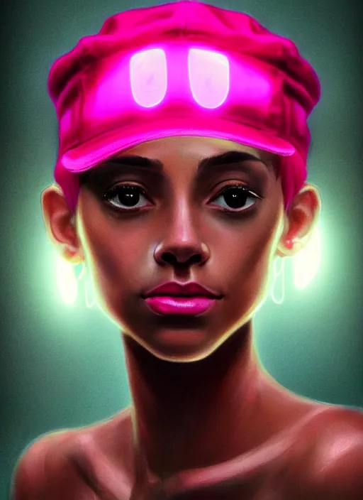 Image similar to portrait of teenage vanessa morgan with bright pink hair, black girl, curly pixie cut hair, wearing newsboy cap, pink short haircut, newsboy cap, hoop earrings, blue eyes, intricate, elegant, glowing lights, highly detailed, digital painting, artstation, concept art, smooth, sharp focus, illustration, art by wlop, mars ravelo and greg rutkowski