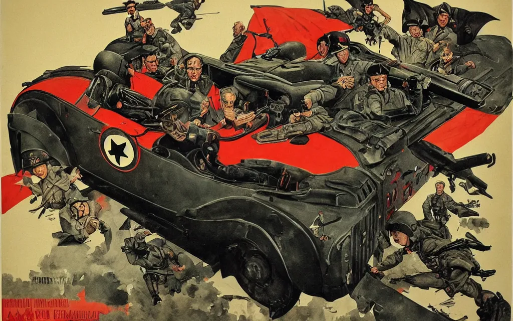 Image similar to batmobile in the style of norman rockwell, world war 2, wwii, propaganda poster, sci - fi illustrations, highly detailed, award - winning, patriotic, soviet, ussr, dark, gritty, ink