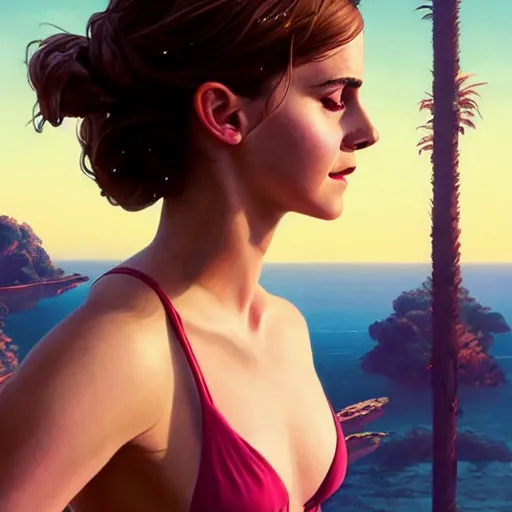 Image similar to highly detailed painting of emma watson wearing a bikini, gta 5 cover art gta 5 cover art, stephen bliss, 8 k, by greg rutkowski, loish, rhads, artgerm, ferdinand knab, makoto shinkai and lois van baarle, ilya kuvshinov, rossdraws, global illumination, radiant light, detailed and intricate environment