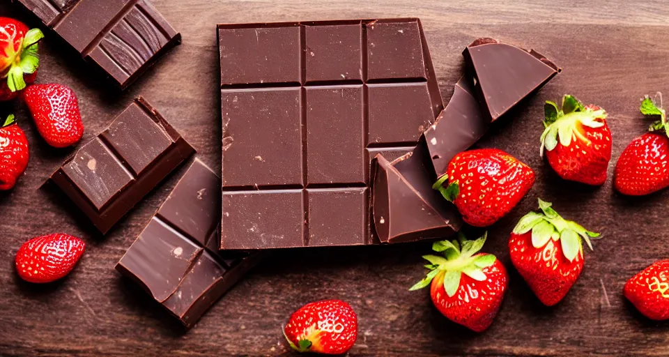 Image similar to A gourmet dark chocolate bar, next to sliced strawberries, on a wooden tray, macro lens product photo