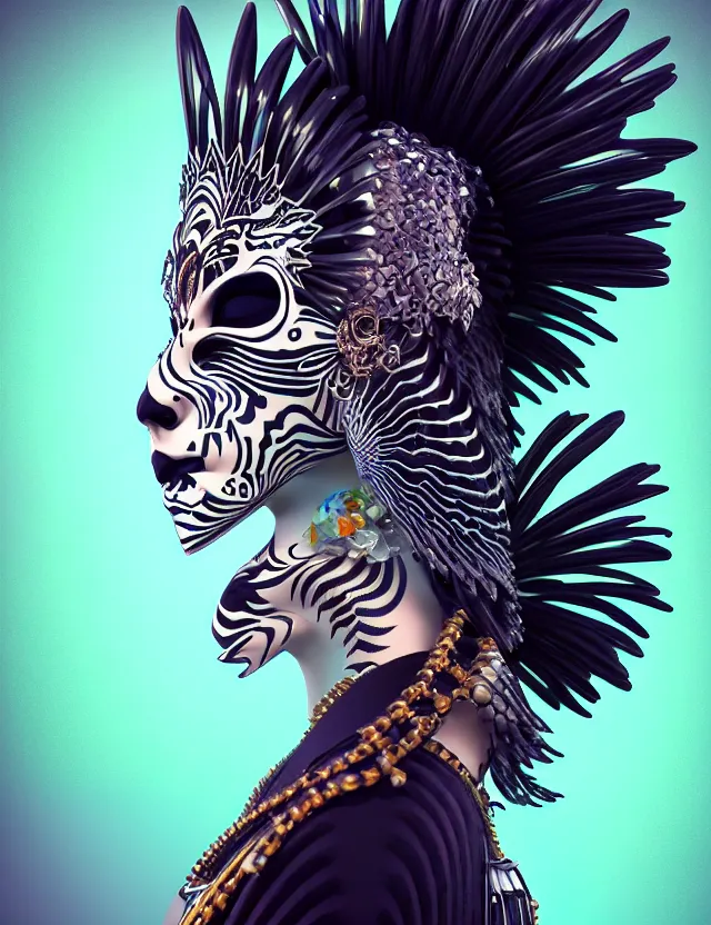 Image similar to 3 d goddess close - up profile simple portrait punk with mohawk with tiger skull. beautiful intricately detailed japanese crow kitsune mask and clasical japanese kimono. betta fish, jellyfish phoenix, bio luminescent, plasma, ice, water, wind, creature, artwork by tooth wu and wlop and beeple and greg rutkowski