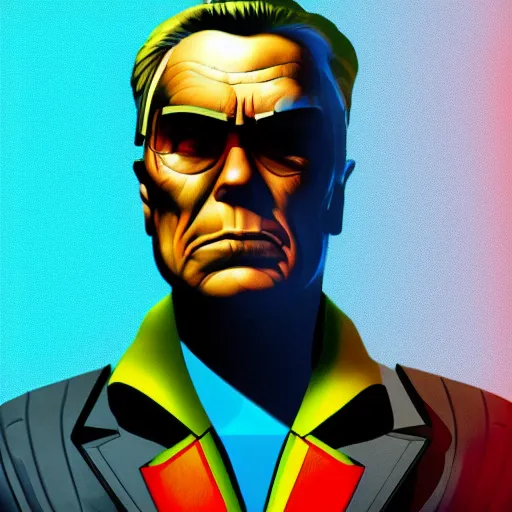 Image similar to cyberpunk leonid brezhnev as the leader of a futuristic communist nation, cybernetics, sharp lines, digital, artstation, colored in