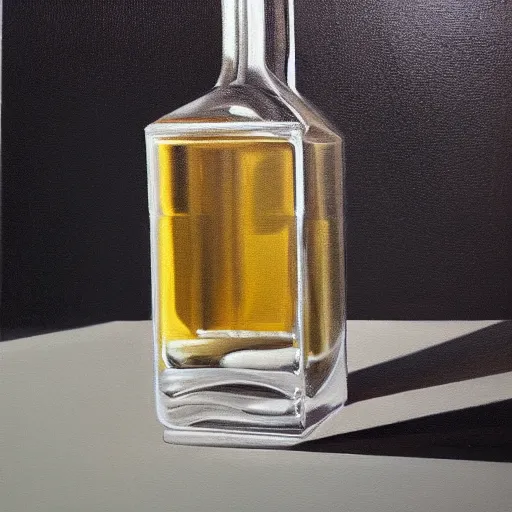 Image similar to a hyper-realistic studio still-life oil-painting of a-bottle-of-vodka; hyper-detailed; an extraordinary masterpiece!!!; flawless; trending on artstation