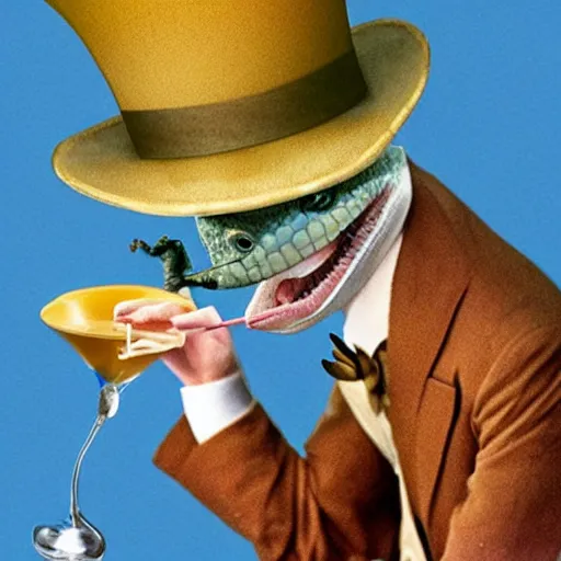 Prompt: Photograph of a gecko in a top hat smoking a cigar, holding a martini