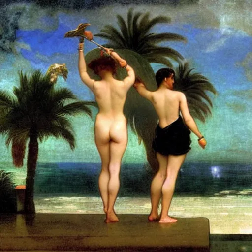 Image similar to Silhouette of three girl at the palace, thunderstorm, greek pool, beach and palm trees on the background major arcana sky, by paul delaroche, alphonse mucha and arnold böcklin arnold böcklin hyperrealistic 8k, very detailed