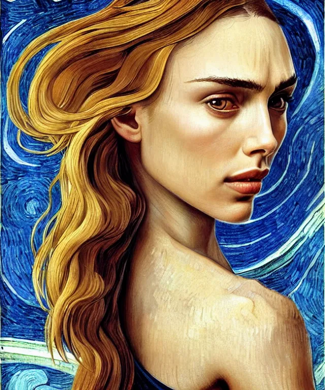 Image similar to half Nathalie portman half jessica alba portrait by Sandro Botticelli and Van gogh, sci-fi, amber eyes, beautiful face, appealing long hair, fantasy, intricate, elegant, highly detailed, digital painting, artstation, concept art, smooth, sharp focus, oil painted illustration by Sandro Botticelli and Van Gogh