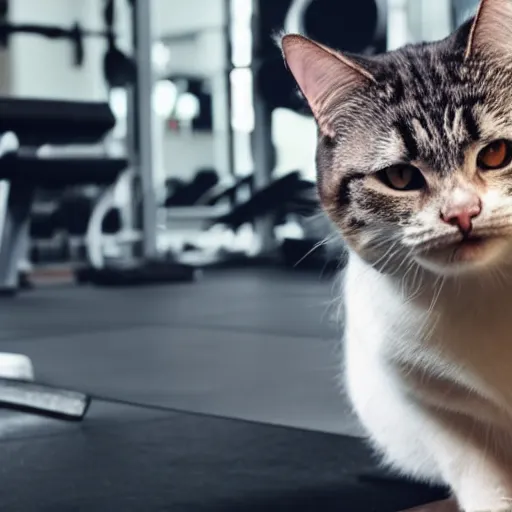 Image similar to a very fat cat doing exercises at the gym, photorealistic, hd