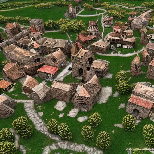 Image similar to small medieval village top view, photorealistic, trending on artstation