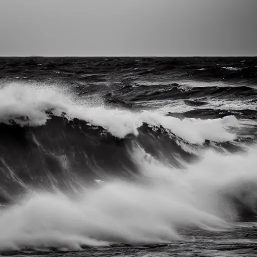 Prompt: dark ocean, towering waves, grey - scale, highly turbulent, deep focus, dark sky, high point of view