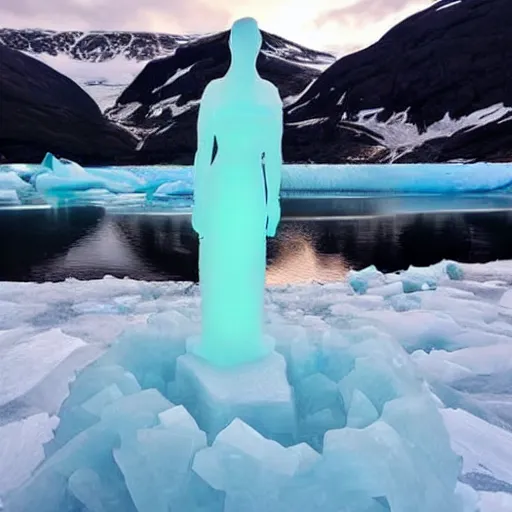 Prompt: woman statue made of ice on the glacier in norway mountain,