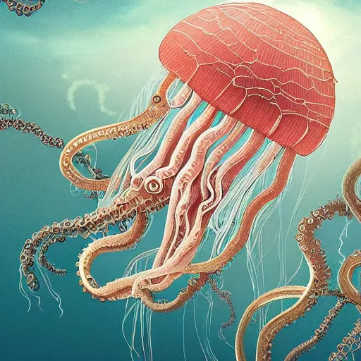 Prompt: hyperdetailed modern childrenbook illustration of a huge transparent!!! rose and white and transparent jellyfish, with long steampunk! convoluted cyborg tentacles, in the exaggerated fashion of marie antoinette, floating in the ocean. seen from the distance. transparent soft natural textures. matte background