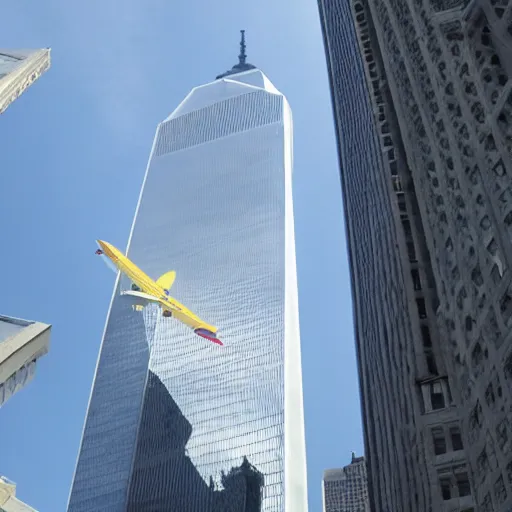 Prompt: Barney the Dinosaur flying a 777 right into one of the world trade center buildings