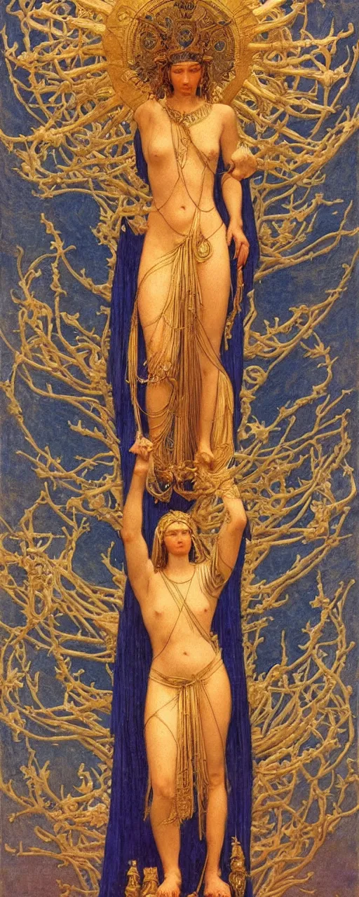 Image similar to saint woman, venus, athena, queen, by annie swynnerton and nicholas roerich and jean delville, strong dramatic cinematic lighting, ornate headdress, flowing robes, spines, flowers, stars, lost civilizations, smooth, sharp focus, extremely detailed, marble, obsidian, gold, space