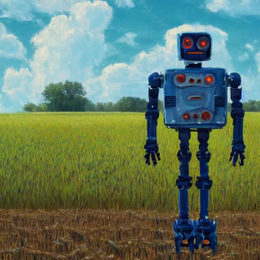 Prompt: a photograph of a tall bipedal robot standing in the middle of a corn field, blue sky with fluffy clouds, hyper - detailed, simon stalenhag