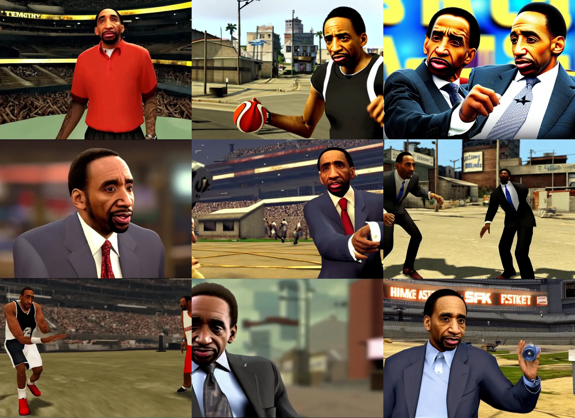 Prompt: still of stephen a. smith from espn's first take as in gta san andreas, action shot, playstation 2, ps 2