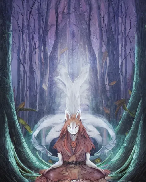 Image similar to Kitsune Fox Sorcerer meditating in the woods, nine tails, portrait, magic the gathering artwork, D&D, fantasy, cinematic lighting, centered, symmetrical, highly detailed, digital painting, artstation, concept art, smooth, sharp focus, illustration, volumetric lighting, epic Composition, 8k, art by Akihiko Yoshida and Greg Rutkowski and Craig Mullins, heroic pose, oil painting, cgsociety, Tree Woodland atmosphere