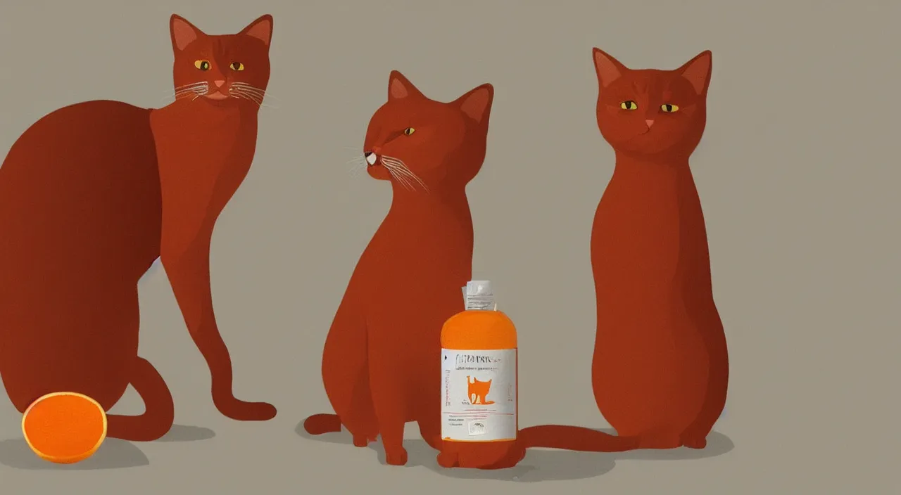 Image similar to a cat standing next to a bottle of medicine. orange cat. animal. digital art. artstation. illustration. wide image.