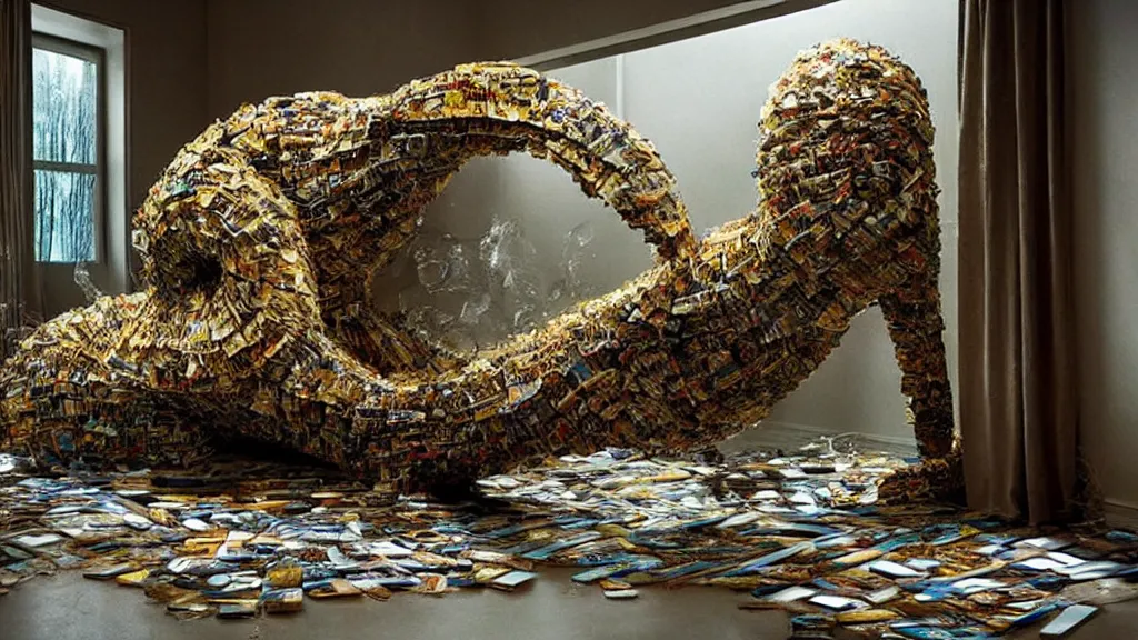 Image similar to the strange creature float through the house, made of magazines and water, film still from the movie directed by Denis Villeneuve with art direction by Salvador Dalí, wide lens