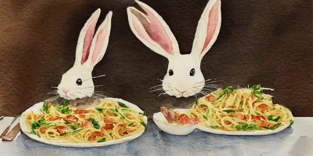 Image similar to a rabbit cooking pasta in a french restaurant, realistic watercolour