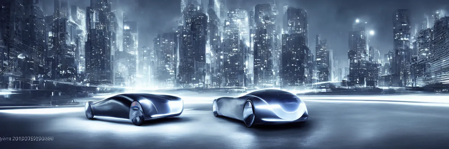 Prompt: photograph of a concept car for the year 2050, inner city background night shot, dramatic lighting.