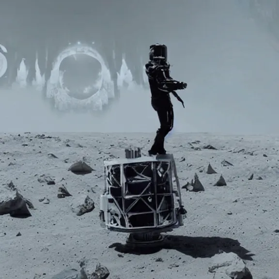 Image similar to dustin bates from starset band in sci fi uniform doing an epic cinematic pose on the moon, highly detailed, my demons video, masterpiece