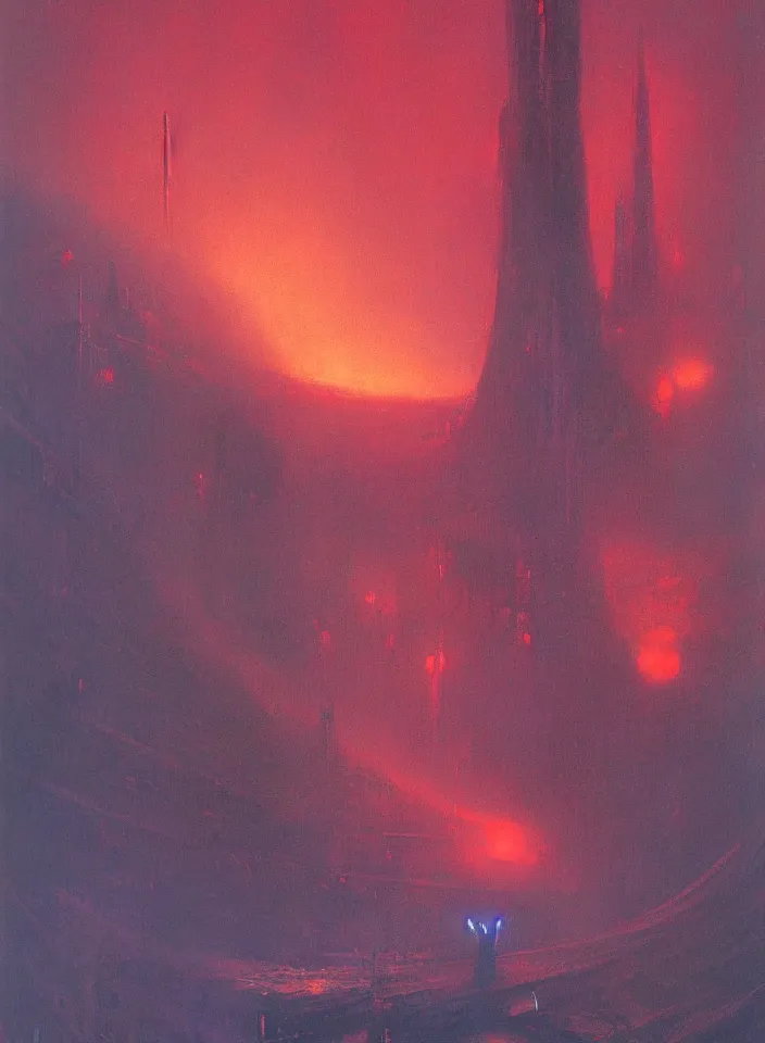 Image similar to the blind liberty of the few, red and purple palette, volume light, fog, by ( h. r. giger ) and paul lehr