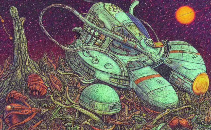 Image similar to intricately detailed color pencil drawing, retro spaceship crash landed on an alien forest landscape