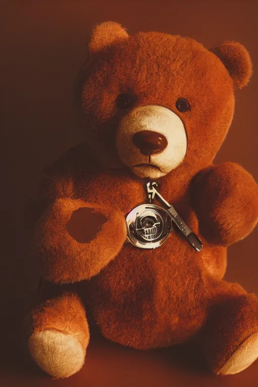 Prompt: vintage analog product photography of a polished leather teddybear, 70s design, many zippers, studio lighting, film grain, lensflare, color bleed, glare