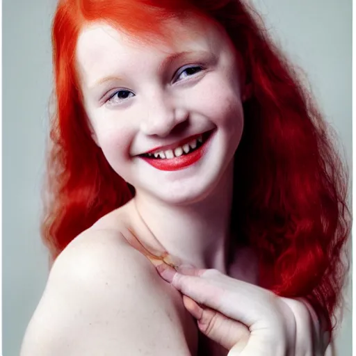 Image similar to young pretty girl with red hair smiling seductively at the camera, award winning portrait photo by annie liebowitz